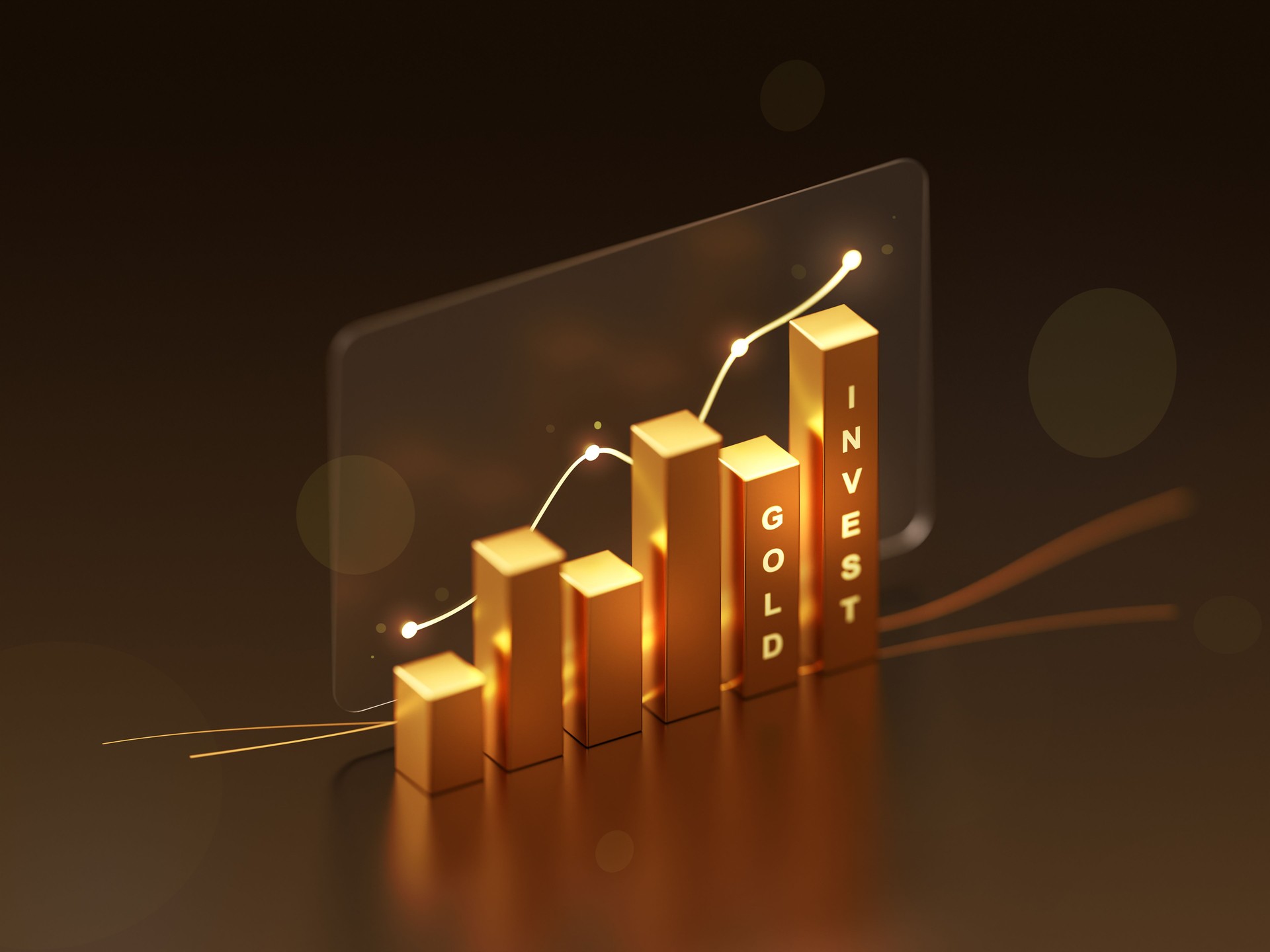 Gold stock investment chart financial business market finance growth diagram on 3d background of trade money economy exchange graph profit or wealth currency banking golden bar analysis rate concept.